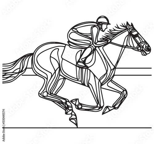 Highly Stylized Linear Drawing of a Jockey Riding a Racehorse Galloping at Full Speed in a Dynamic Outline Illustration