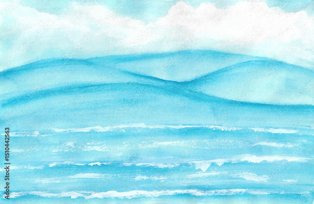 Obraz premium Watercolor painting nature background of blue sky, cloud, sea water and summer seascape beautiful waves, tropical nature, sea with waves splashing concept. Hand painted texture style on paper.