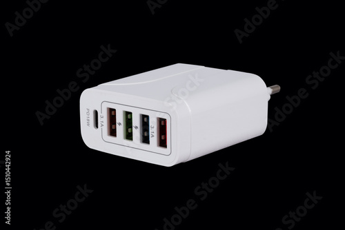 USB adapter for charging multiple mobile phones and modern devices on a black background
