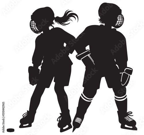 Black and White Silhouette of Two Young Hockey Players Boy and Girl with Puck and Gear