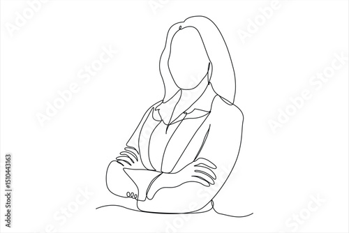 business woman corporate leader line drawing of confident and successful woman in business attire arms crossed strong happy concept vector line art illustration