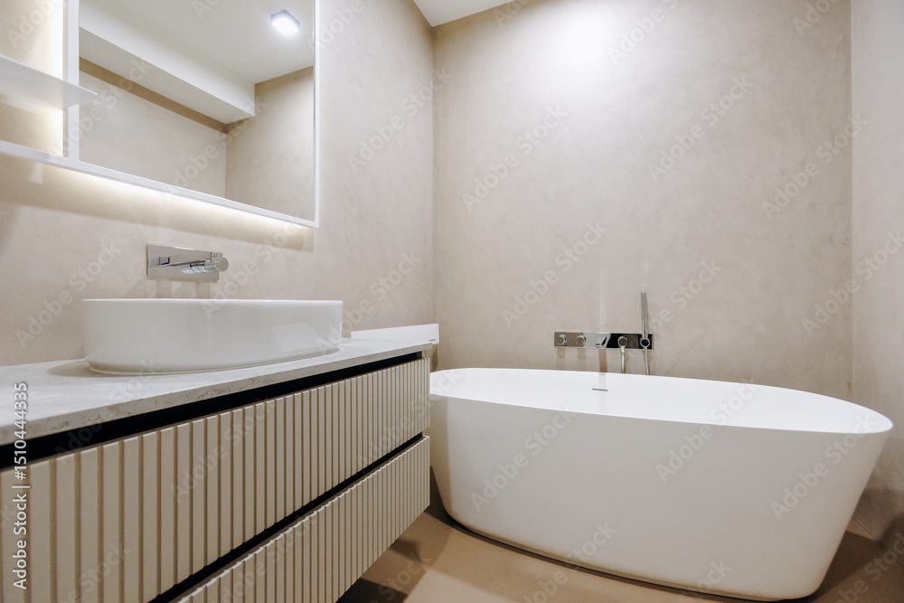 custom made wallpaper toronto digitalA bathroom that includes a bathtub, sink, and a mirror is present
