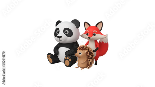 Cartoon Panda Fox and Hedgehog Characters Together on Transparent Background