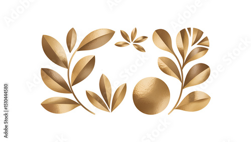 Elegant Golden Leaves and Circle Arrangement on Transparent Background