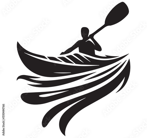 Dynamic Black and White Silhouette Graphic of Kayaker Paddling Through Abstract Flowing Water