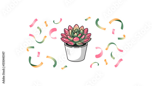 Cartoon Succulent in Pot with Confetti on Transparent Background