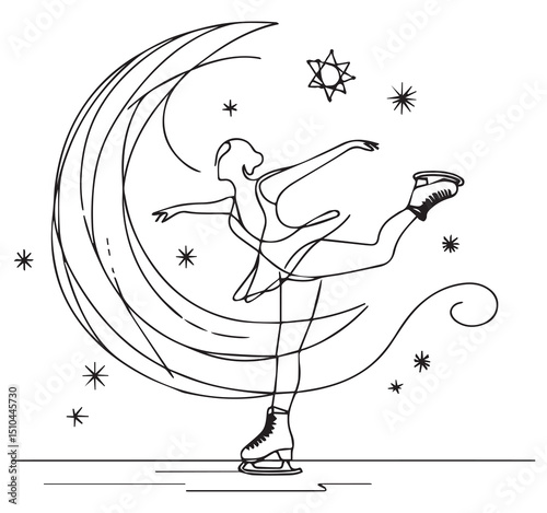 Elegant Figure Skater in Continuous Line Art with Crescent Moon and Stars Night Sky Illustration