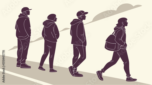 Silhouettes of Five Casually Dressed People Standing Together – Modern Minimalistic Group Interaction Vector

