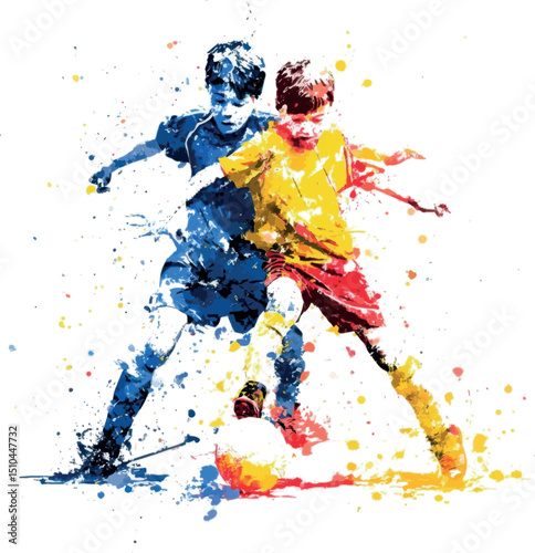 Two players in a fierce soccer duel with vivid paint splashes, designed for bold and fun kids' and teens' apparel.