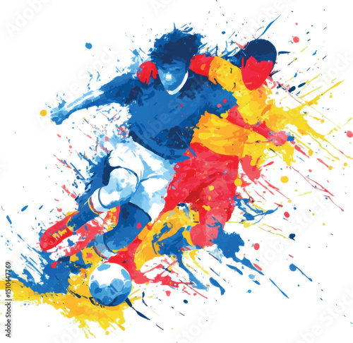 Two soccer players fighting for the ball with colorful paint bursts, ideal for lively kids' and teens' activewear.