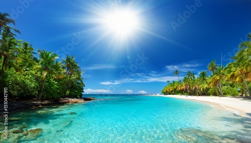 beautiful tropical beach cove with turquoise water palm trees and bright sun