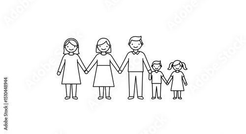 Family of Five Holding Hands in Simple Black and White Line Art Illustration