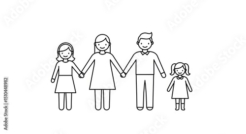 Family of Four Holding Hands Illustration in Simple Line Art Style