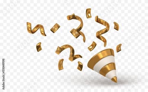 Golden Confetti Explosion With Party Popper on Transparent Background. Perfect for Celebration, Event, Holiday, or Festival Themes. Vector Illustration