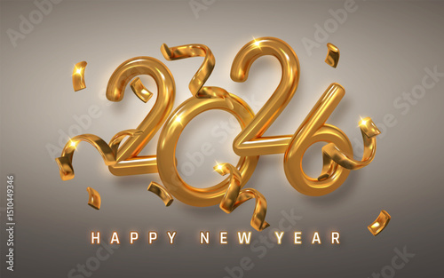 Golden 2026 Happy New Year Text with Shiny Metallic Numbers and Sparkling Confetti on Elegant Background. Perfect for Festive Design and Celebration. Vector Illustration photo
