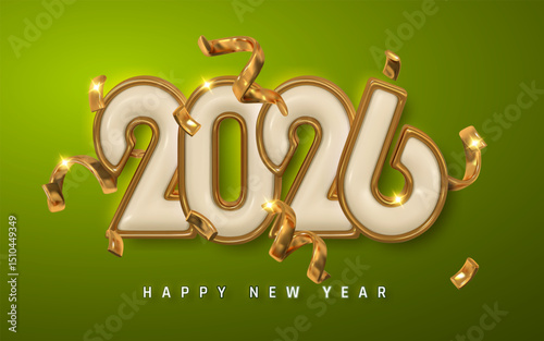 Happy New Year 2026 Design with Creamy Gold Numbers, Shiny Confetti, and a Bright Green Background. Elegant Holiday Greeting Concept. Vector Illustration photo