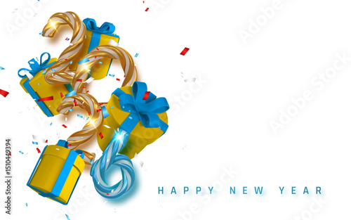 New Year 2026 Gift Boxes With Twisted Candy Numbers and Colorful Confetti on White Background. Festive Holiday Celebration Concept. Vector Illustration