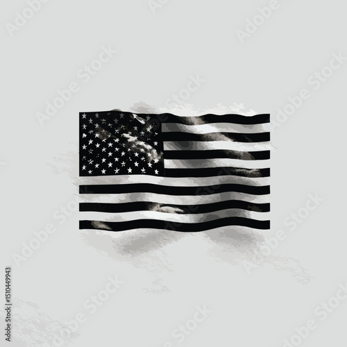 Black silhouette of American flag, centered on plain white background, American Independence day theme, symbol, 4th july