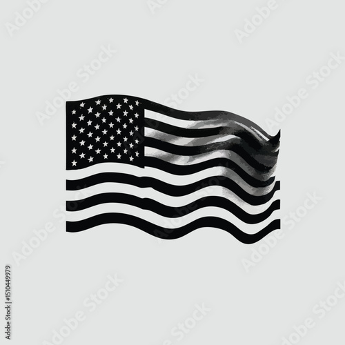 Black silhouette of American flag, centered on plain white background, American Independence day theme, symbol, 4th july