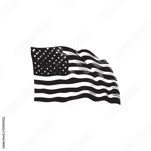 Black silhouette of American flag, centered on plain white background, American Independence day theme, symbol, 4th july