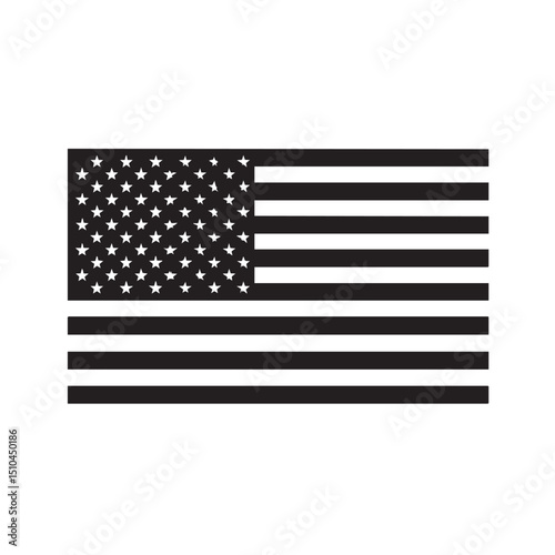 Black silhouette of American flag, centered on plain white background, American Independence day theme, symbol, 4th july