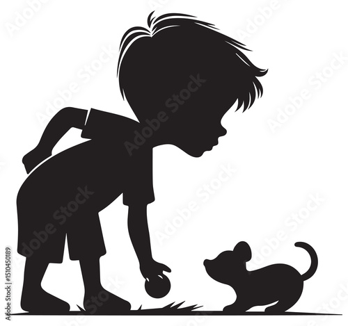 Simple black silhouette illustration of a young boy offering a small ball to a little mouse on white background