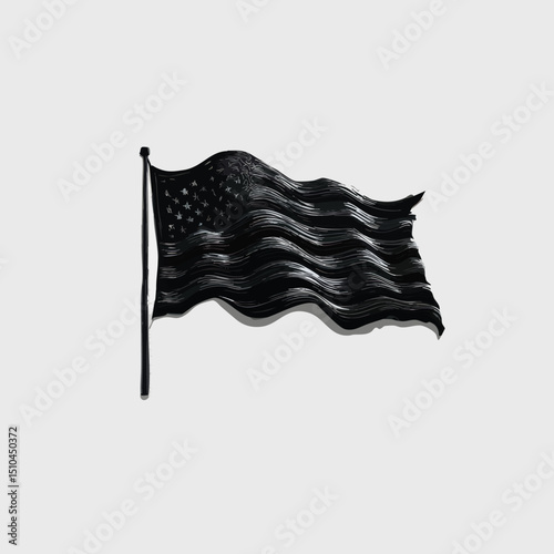 Black silhouette of American flag, centered on plain white background, American Independence day theme, symbol, 4th july