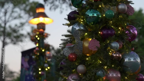 Wallpaper Mural Colorful Christmas ornaments and twinkling lights decorate the trees at park, creating a festive atmosphere for visitors. Guests enjoy a delightful holiday experience surrounded by seasonal cheer. Torontodigital.ca
