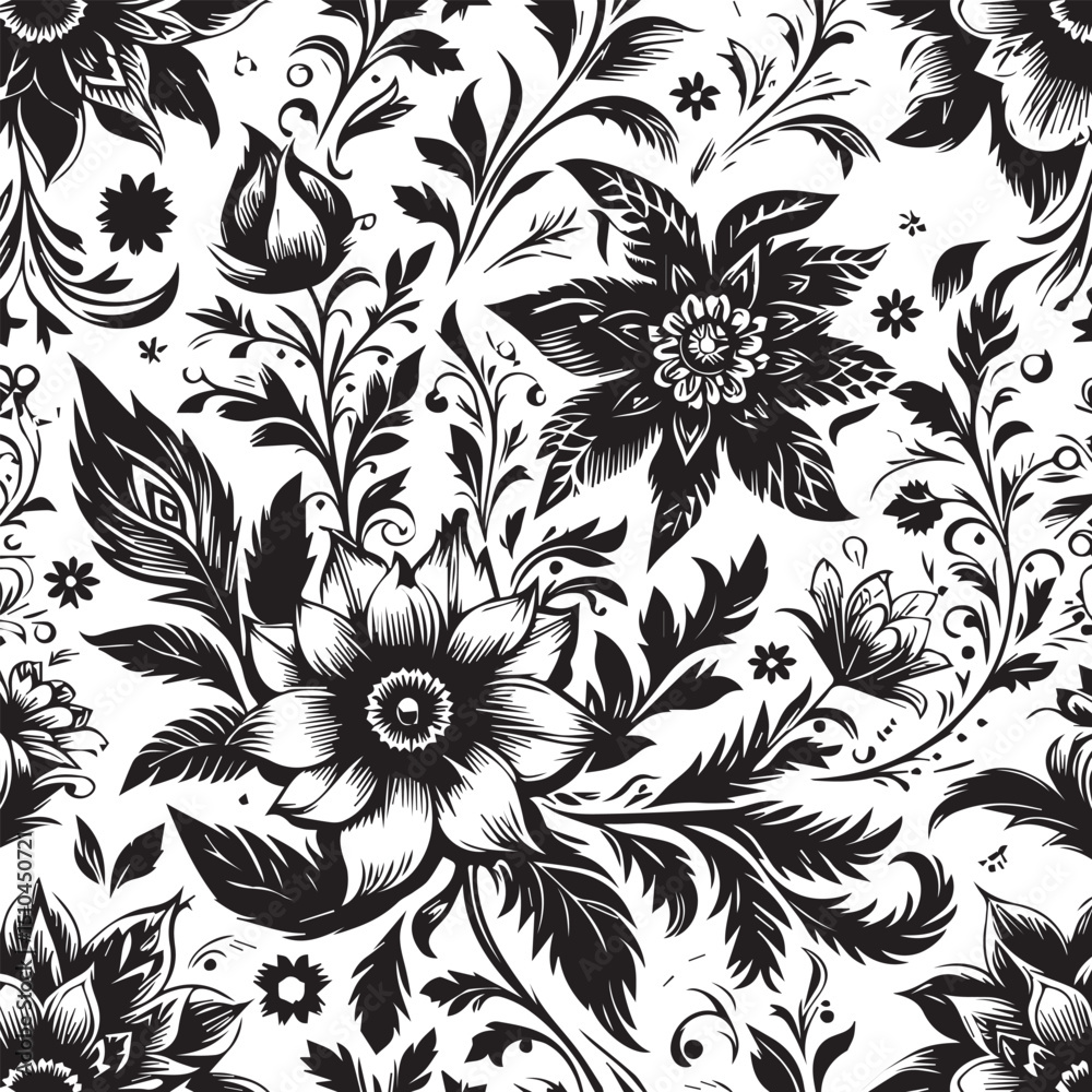 Fototapeta premium Seamless Floral Pattern Vector in Classic Black & White