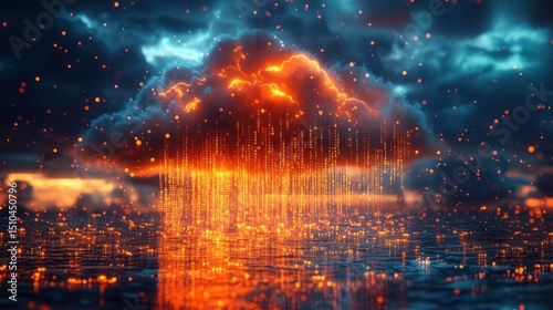 Fiery digital cloud storm over water