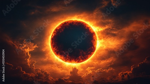 Fiery eclipse in ominous clouds