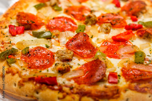 Pepperoni Pizza Closeup shot. A freshly made gourmet Italian cuisine is ready to eat. It's one of the most delicious and loved meals on earth.