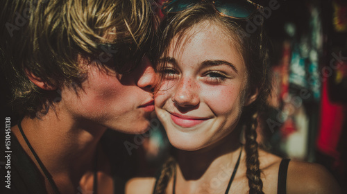 A candid photo capturing a cute teenage boy kissing a teenage girl on the cheek while sitting together on a bench. Generative AI