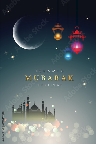 Islamic graphic design for holy Mubarak, ramadan, eid, Al Adha, hajj, arafah, hariraya, Mawlid al-Nabi, ai-fitr, adulfitri and Hijri new yeaar. Literally Background with muslim illuminated lamp. 