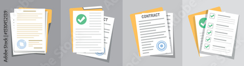 Contract or document signing icon. Document Symbol Set. Contract conditions, research approval. Document vector icons isolated design. Flat style icons set. Vector