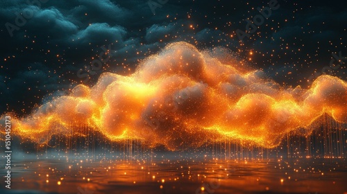 Fiery, luminous cloud over water at night