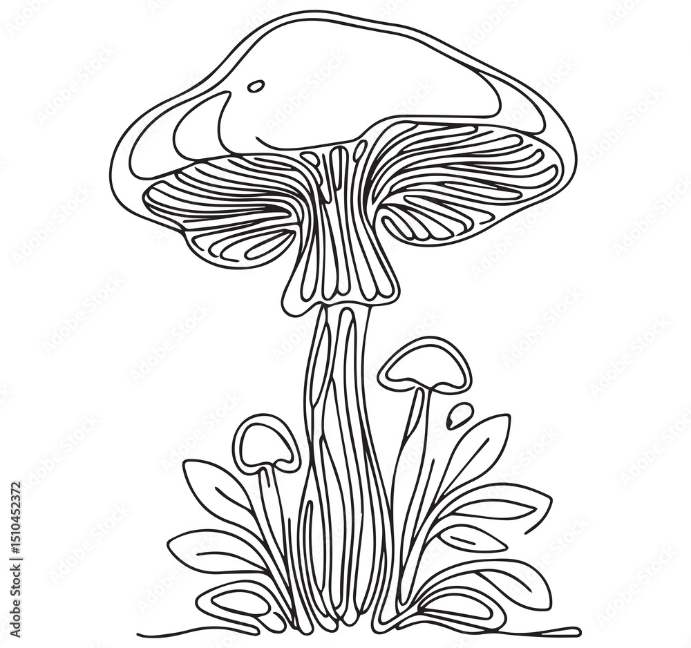 Obraz premium Highly detailed black and white line art illustration of a large mushroom with small fungi and leaves, nature botanical drawing