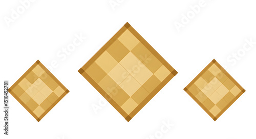 Three Pixelated Wooden Chessboards with Brown Borders on White Background