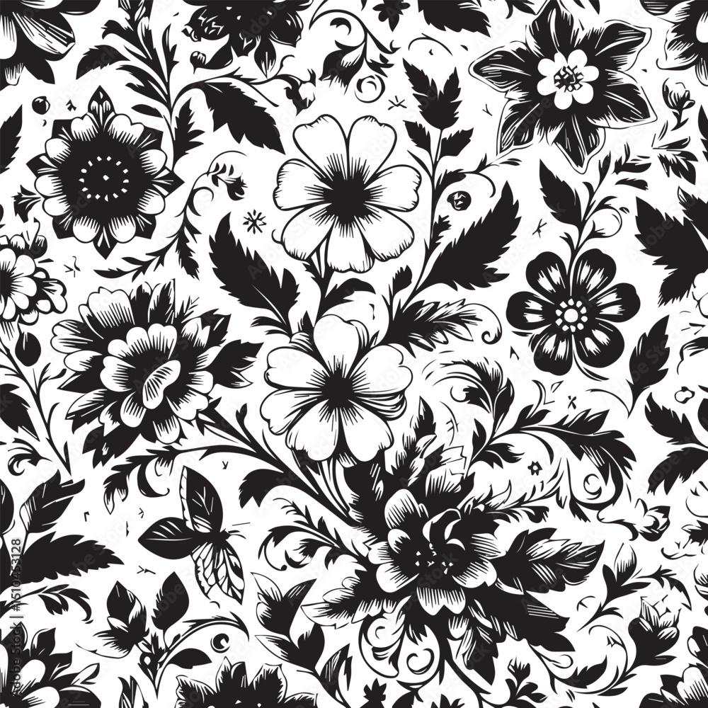 Fototapeta premium Seamless Floral Pattern Vector in Classic Black & White