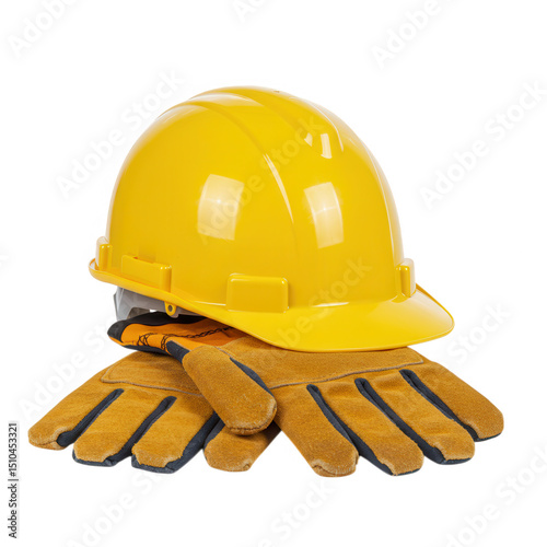 Yellow hard hat and work gloves isolated on transparent background