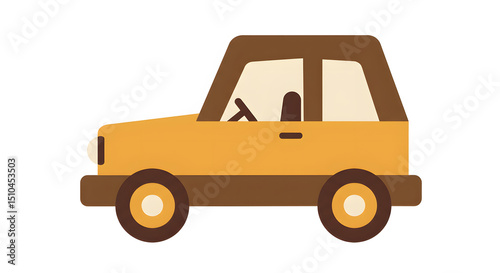 Cartoon Yellow Car with Brown Window Frame and Wheels in Simple Style