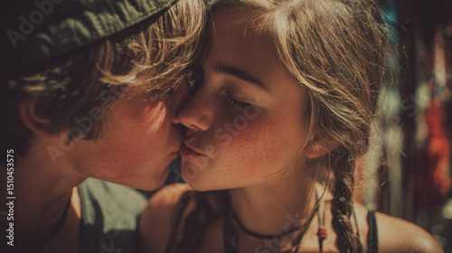 A candid photo capturing a cute teenage boy kissing a teenage girl on the cheek while sitting together on a bench. Generative AI