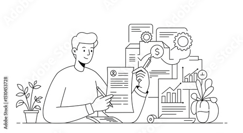 Businessperson Analyzing Financial Data with Charts and Documents in Office Setting