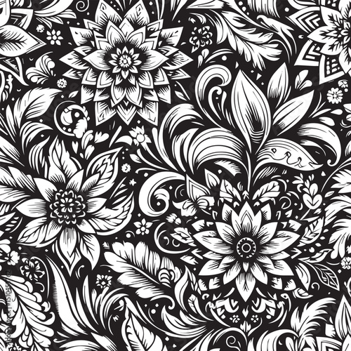 Wallpaper Mural Seamless Floral Pattern Vector in Classic Black & White Torontodigital.ca