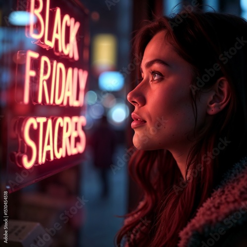 Young woman with thoughtful mood looking away near neon Black Friday sign at night city street photo