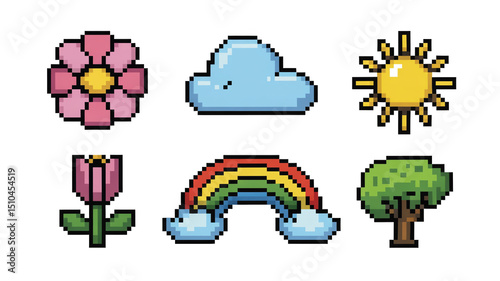 Set of pixel art icons representing various nature elements including flowers, sun, cloud, rainbow, and tree with transparent background is displayed