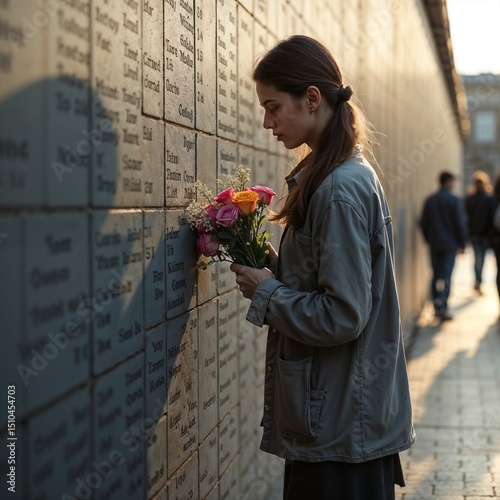  Young woman solemnly holding rose bouquet in front of memorial wall engraved with names during moment of remembrance