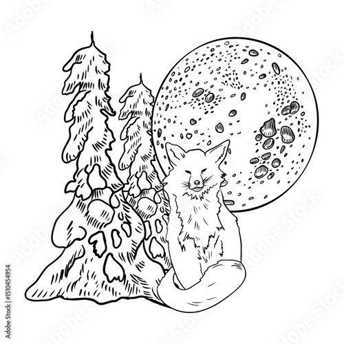 Fox and moon, snowy pines, hand drawn black white contour vector illustration. Forest animal and trees in winter landscape monochrome art for magical Christmas scenes and woodland themed artwork.