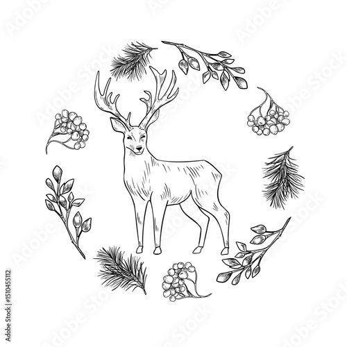 Winter round clipart with deer, rowan berries and pine twigs black white line art illustration. Hand drawn wild doe stag, botanical elements outline sketch for rustic holiday card, Christmas dishware.