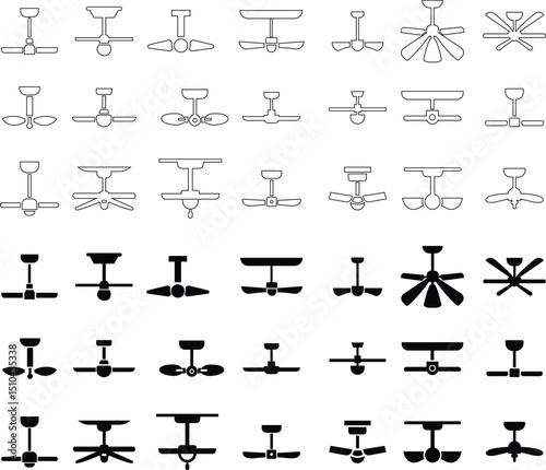 ceiling fan icons set spinning to provide cooling airflow, offering relief from summer heat. Roof fans collection in flat and line style